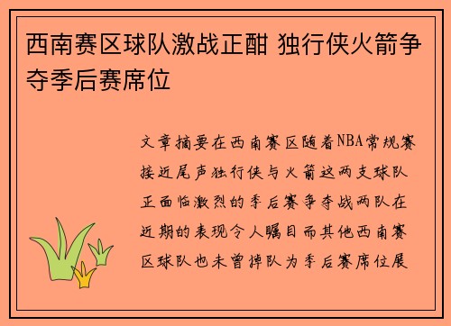西南赛区球队激战正酣 独行侠火箭争夺季后赛席位